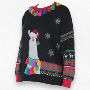 Black Llama Colorful Tassel Snowflake Fair Isle Winter Knitted Sweater Size XL
